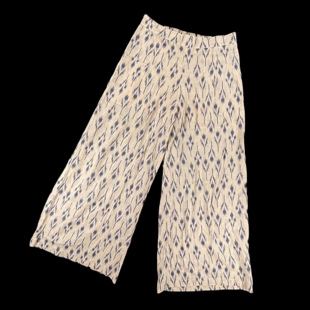 Bombay Paisley Cotton Palazzo Pants Wide Leg Ikat Print Boho Beige Pockets XS